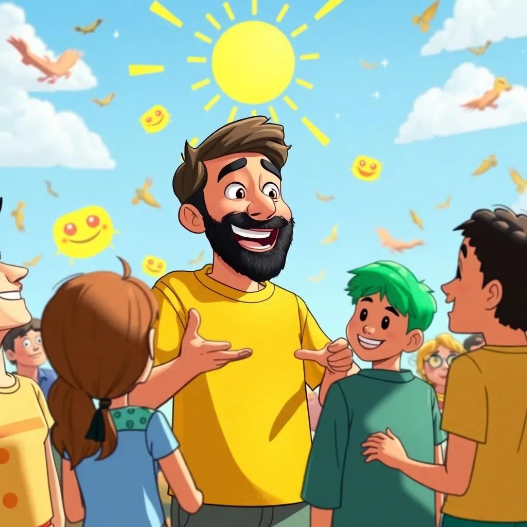 Sami explaining with joy and gestures, with friends trying to form sentences, bright and sunny, chaotic but fun atmosphere, engaging and colorful, detailed illustration