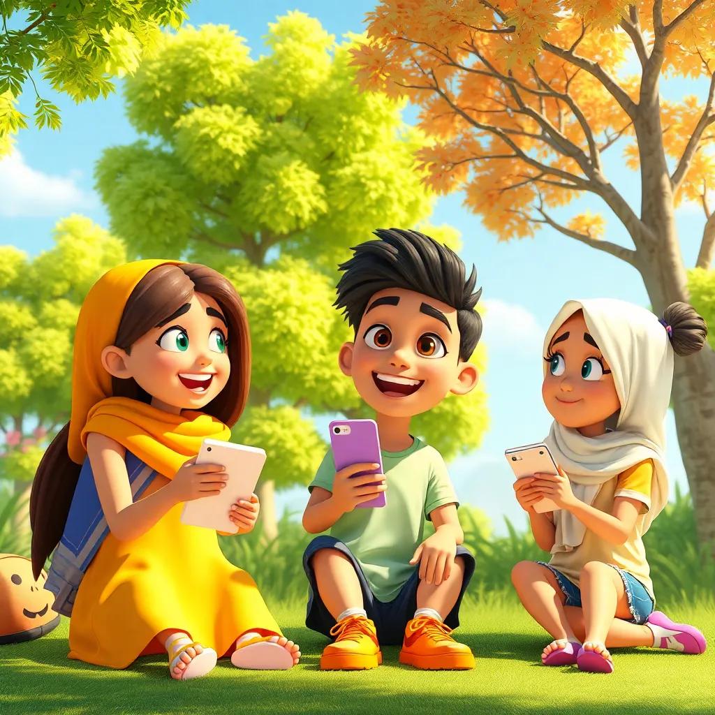 Sami's friends enthusiastically trying to use examples of news in their conversations, surrounded by sunshine and trees, playful and vivid colors, lively scenery, digital art