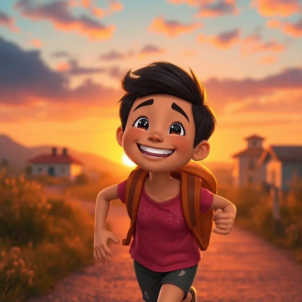 Sami smiling brightly at the end of the day, running home with a backpack, golden sunset in the background, warm and cheerful colors, happy mood, high quality