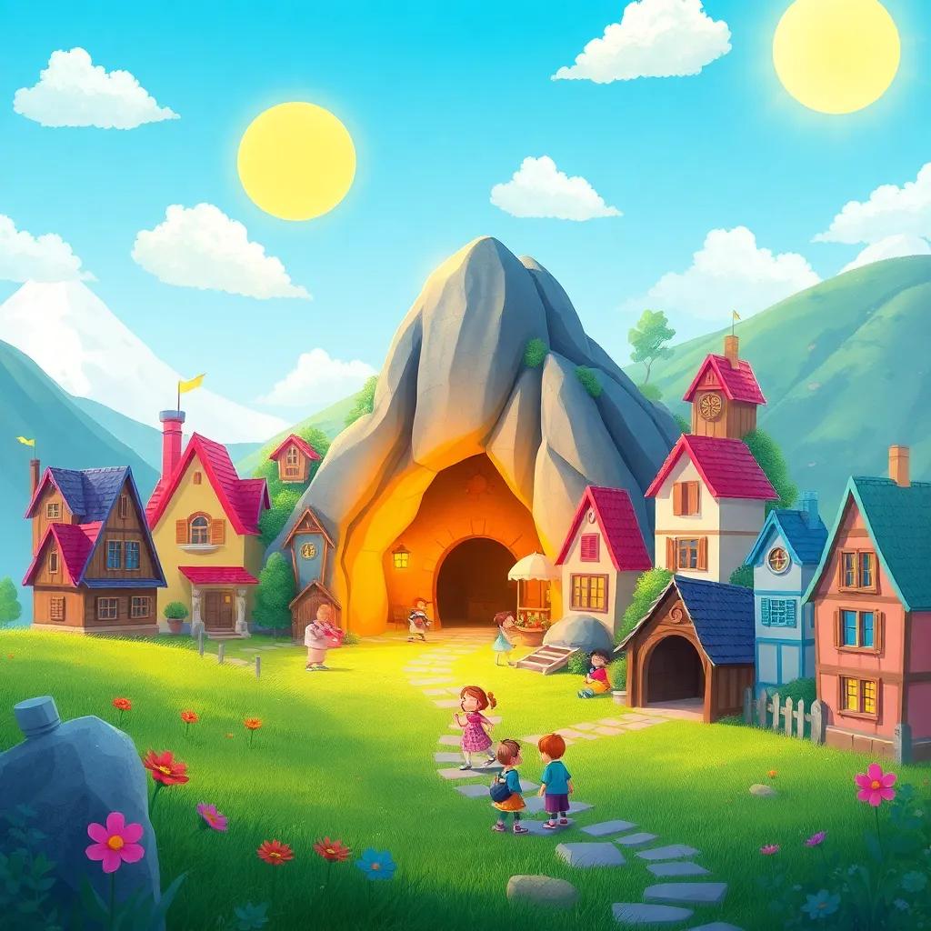 A small village in a magical land, with kids playing near a cave, colorful houses, sunny sky, cheerful atmosphere, illustration, vibrant colors, fairy tale style