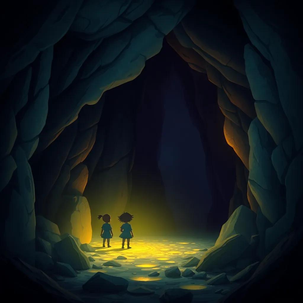 A dark and mysterious cave, with the silhouettes of children inside, glowing stones and shadows, enchanting colors, magical atmosphere, fantasy illustration