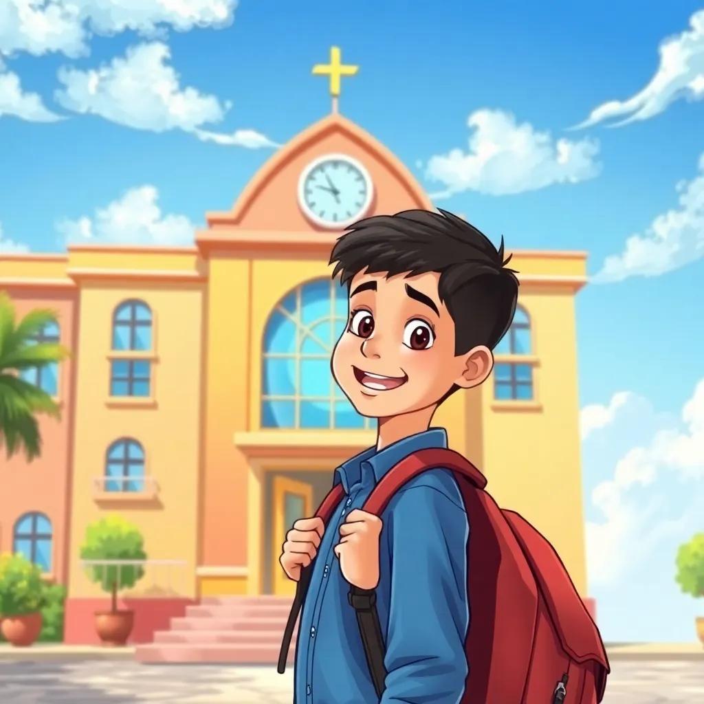 A young Arab boy, Sami, with short black hair, wearing a blue shirt and carrying a backpack, standing in front of a colorful school building, excited yet nervous, bright sunlight, cheerful atmosphere, detailed illustration, warm colors, inviting scene, high quality