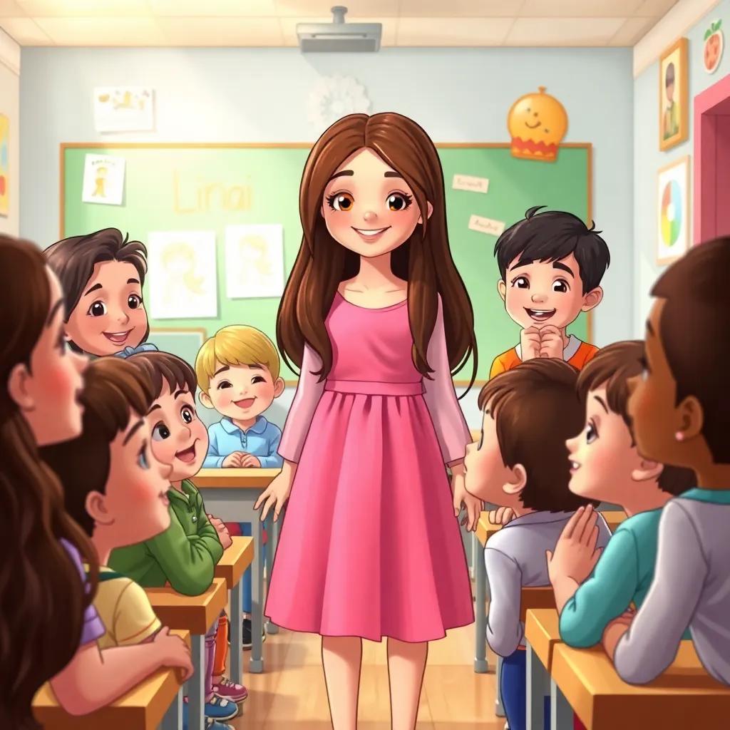 A diverse group of children in a classroom, including a girl named Lina with long brown hair in a pink dress, greeting Sami with a smile, colorful classroom with drawings on the walls, friendly and welcoming vibe, bright colors, warm light, child-friendly illustration, high quality
