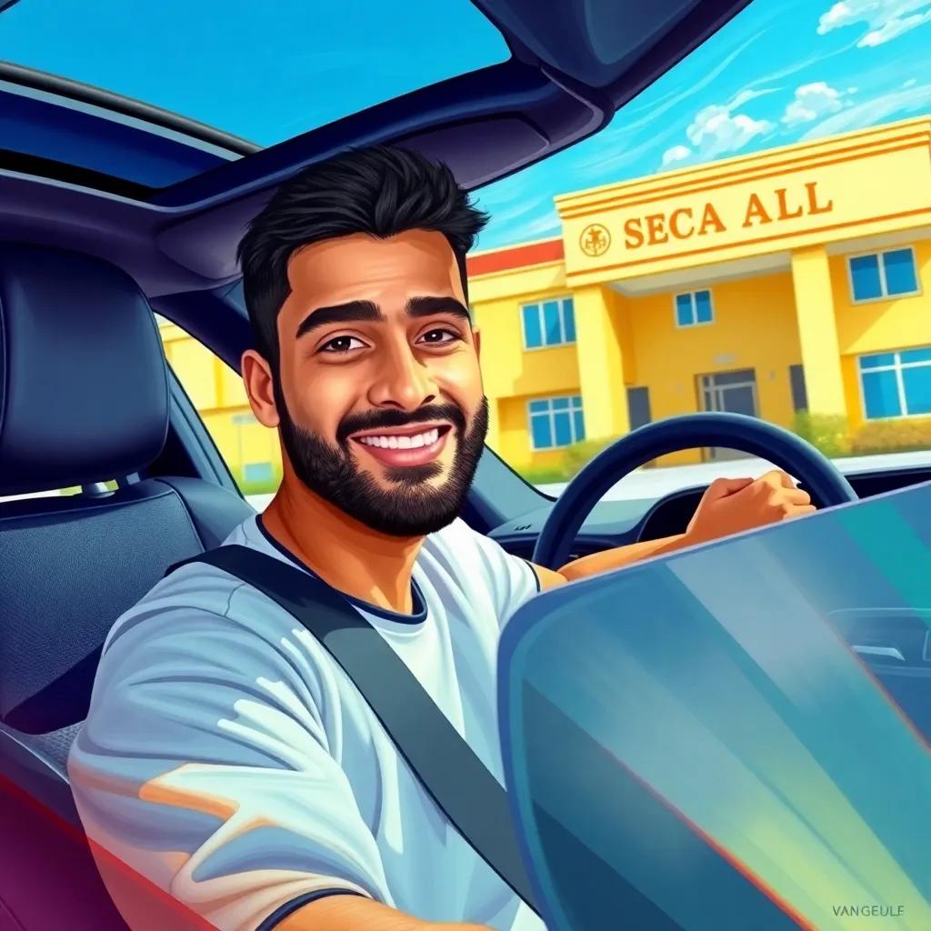 A young Yemeni man, Eyad Ali, 18 years old, driving a beautiful G-Class car, smiling confidently, with a bright blue sky and school entrance in the background, detailed digital art, vibrant colors, cheerful atmosphere, high quality