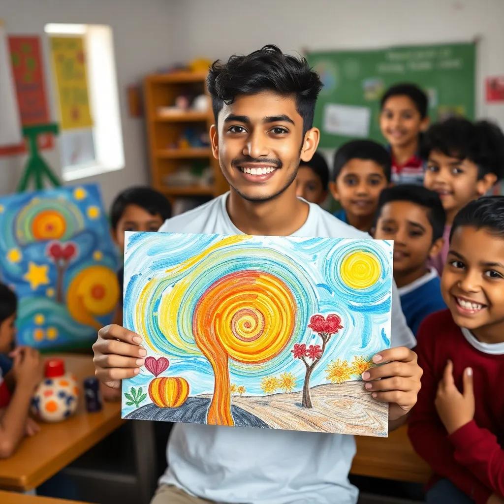 Eyad Ali, a young Yemeni man, 18 years old, showing stunning colorful paintings in school, surrounded by admiring students, joyful expressions, bright classroom environment, illustration, child-friendly, engaging scene, high quality, lively colors