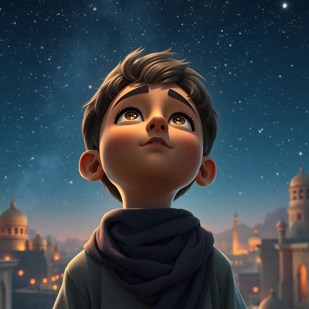 A young boy, Ibrahim, with bright eyes, looking up at the stars in the night sky, surrounded by an ancient city, detailed digital art, starry sky, warm glow, thoughtful atmosphere, high quality