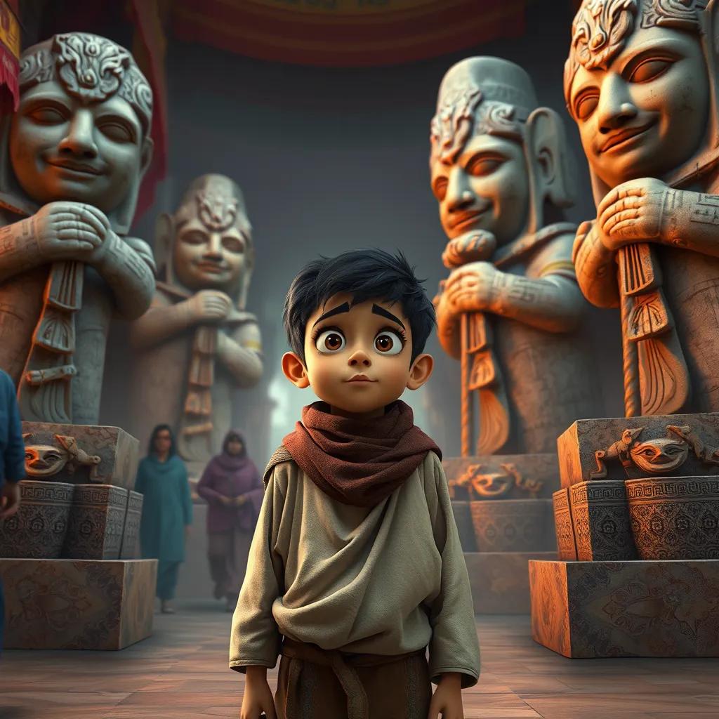 Ibrahim, a wise young boy, standing in front of large stone idols, questioning them with a puzzled expression, in the middle of a crowded market, digital art, vibrant colors, challenging mood, high quality
