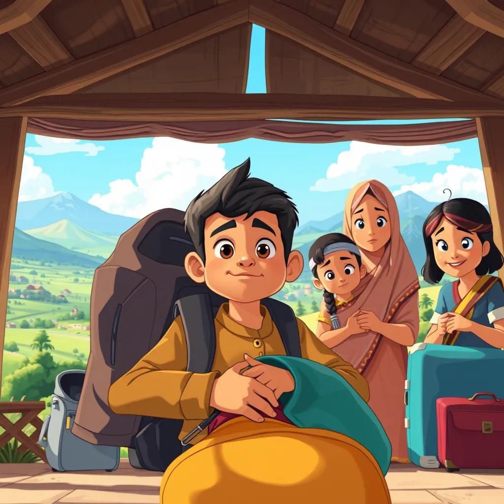 Ibrahim, a brave young boy with determination in his eyes, packing his belongings to leave his home, surrounded by his family with a scenic landscape in the background, detailed illustration, bright colors, emotional atmosphere, high quality
