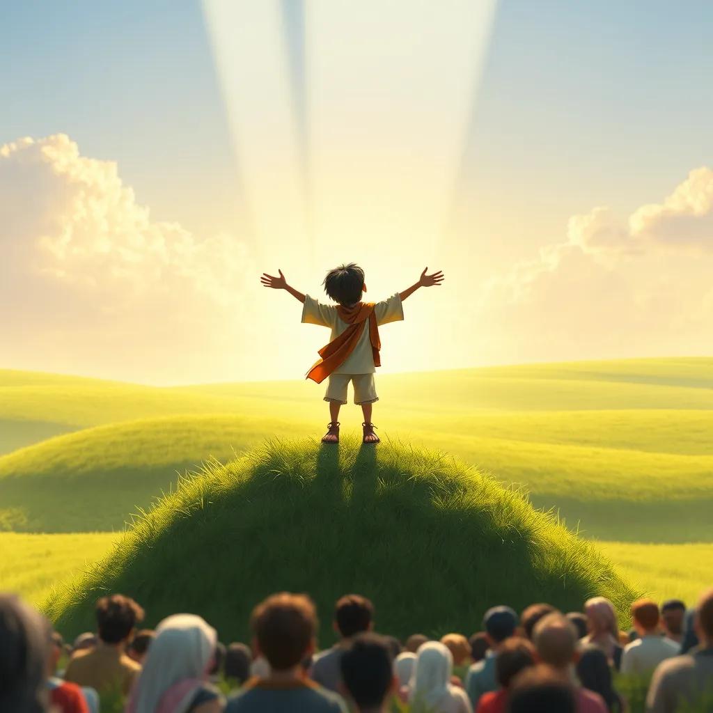 Ibrahim, a young boy standing on a hill, calling out to the people below with outstretched arms, in an open green field with sunlight shining down, vibrant colors, hopeful feeling, high quality