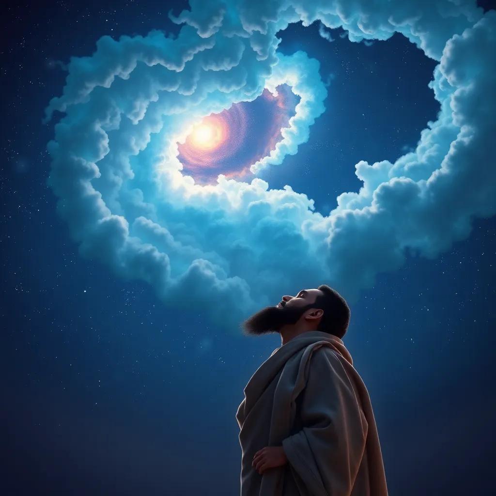 Nebula-shaped clouds in the night sky scattering starlight above Ibrahim, a noble Middle-Eastern man with a beard, wearing a simple robe, gazing towards the heavens as he prays, digital art, ethereal glow, deep colors, serene atmosphere, high quality