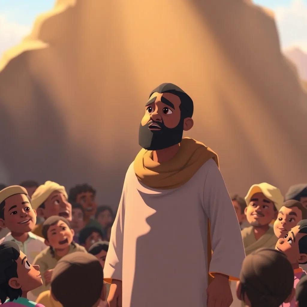Ibrahim standing tall and proud, speaking to a crowd of villagers, wearing a simple robe, with intense yet calm expression on his face, surrounded by curious listeners, warm sunlight pouring down, illustration, vibrant colors, joyful atmosphere, child-friendly