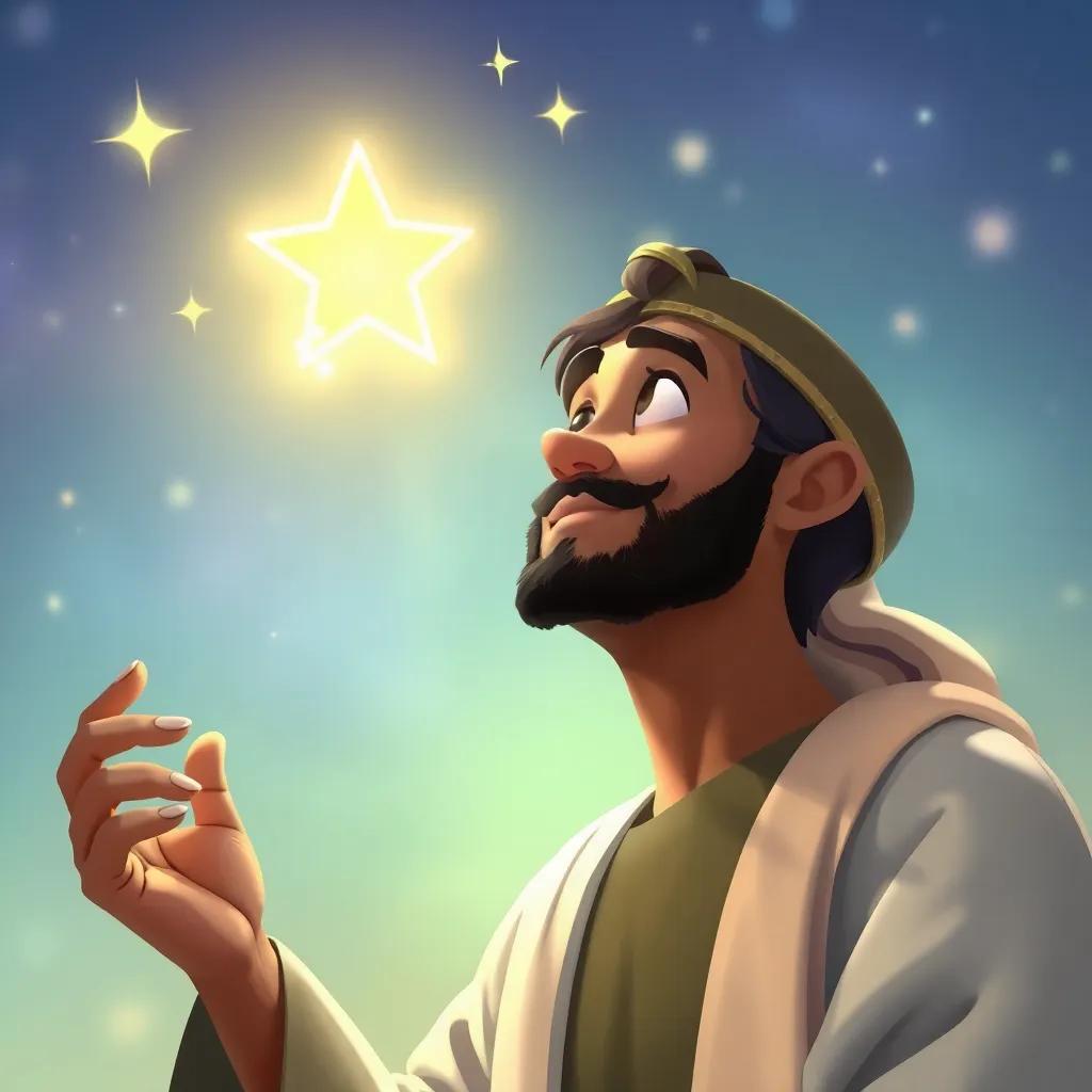 A beautiful scene of Ibrahim looking at a shining star, wearing traditional robes, with a thoughtful expression, stars twinkling around him, painted in soft colors, magical glow, dreamy perspective, high quality