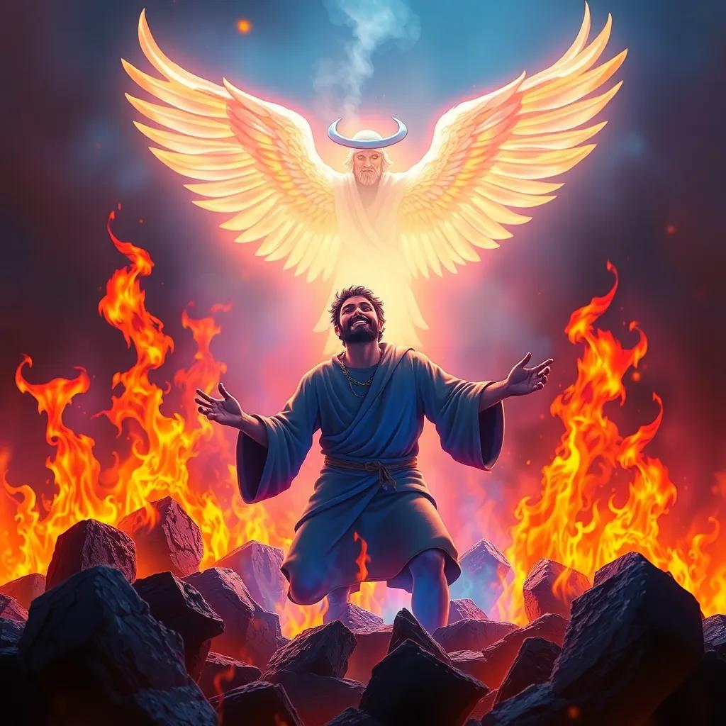 The moment Ibrahim is thrown into the fire, flames all around him but it is cool and blue, with an angel appearing to protect him, vibrant contrasts, mystical setting, high quality