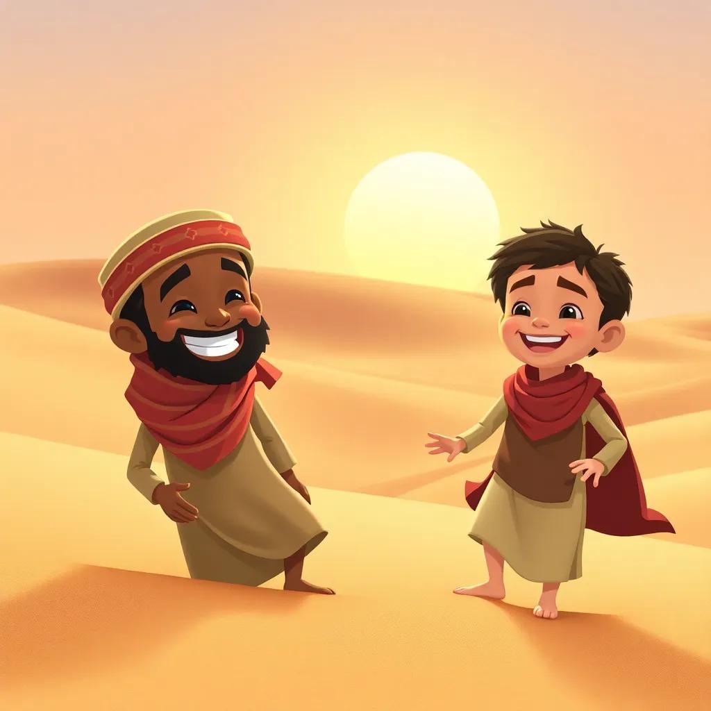 Ibrahim and his son Ismail, both smiling and playing in the desert, wearing simple desert garments, soft sand dunes and a warm sun, a lively scene, cheerful colors, high quality