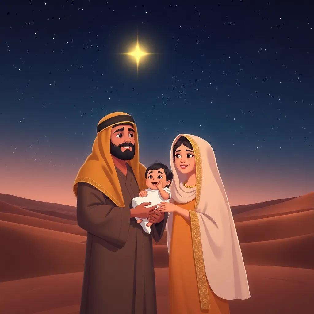 Ibrahim and Hagar under a starry night, holding baby Ismail, wearing traditional robes, the vast desert surrounds them, warmth and love, rich colors, dreamy perspective, high quality