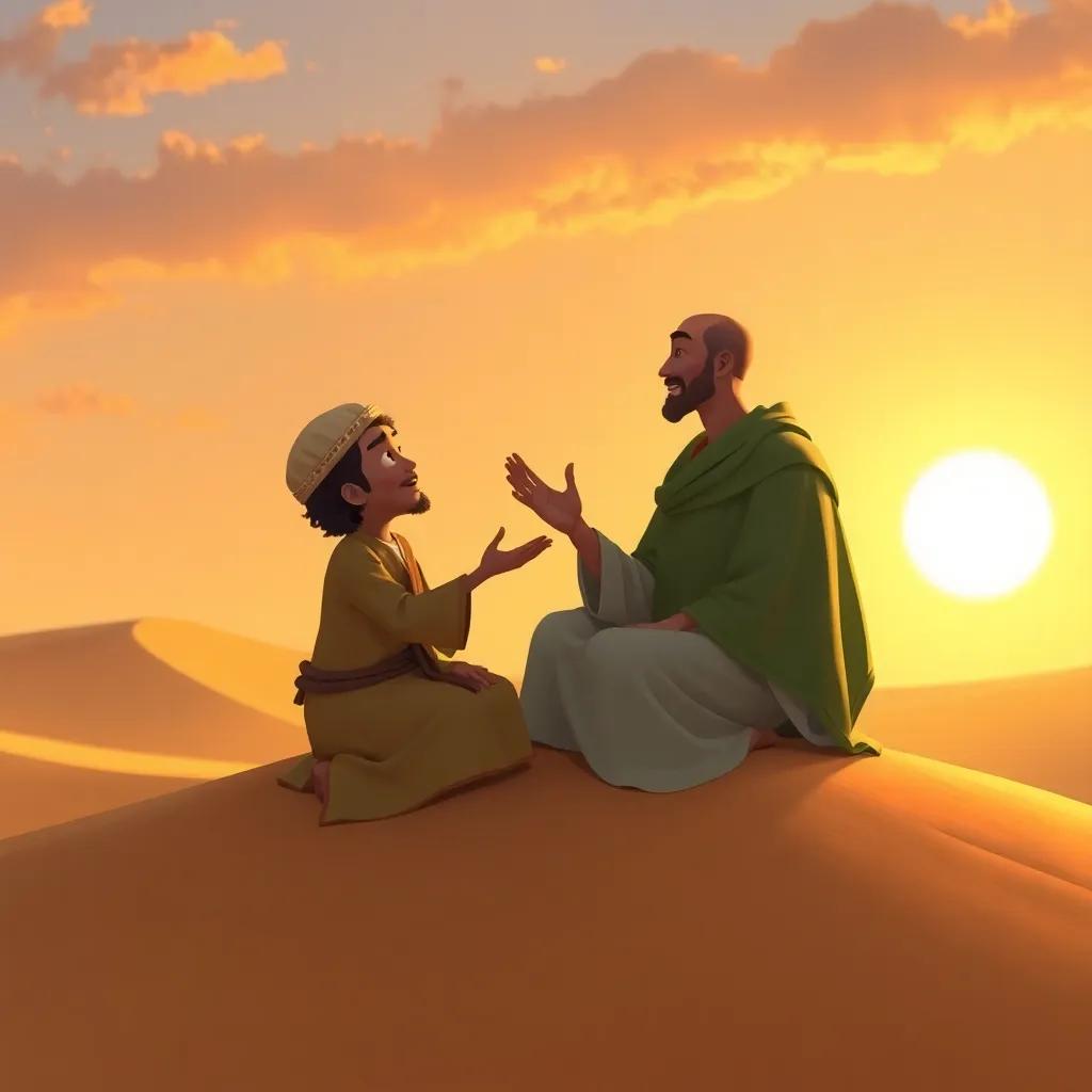 Ibrahim teaching Ismail about faith, both sitting on a sand dune, with the sun setting, giving a sense of warmth and togetherness, gentle colors, golden hour atmosphere, high quality