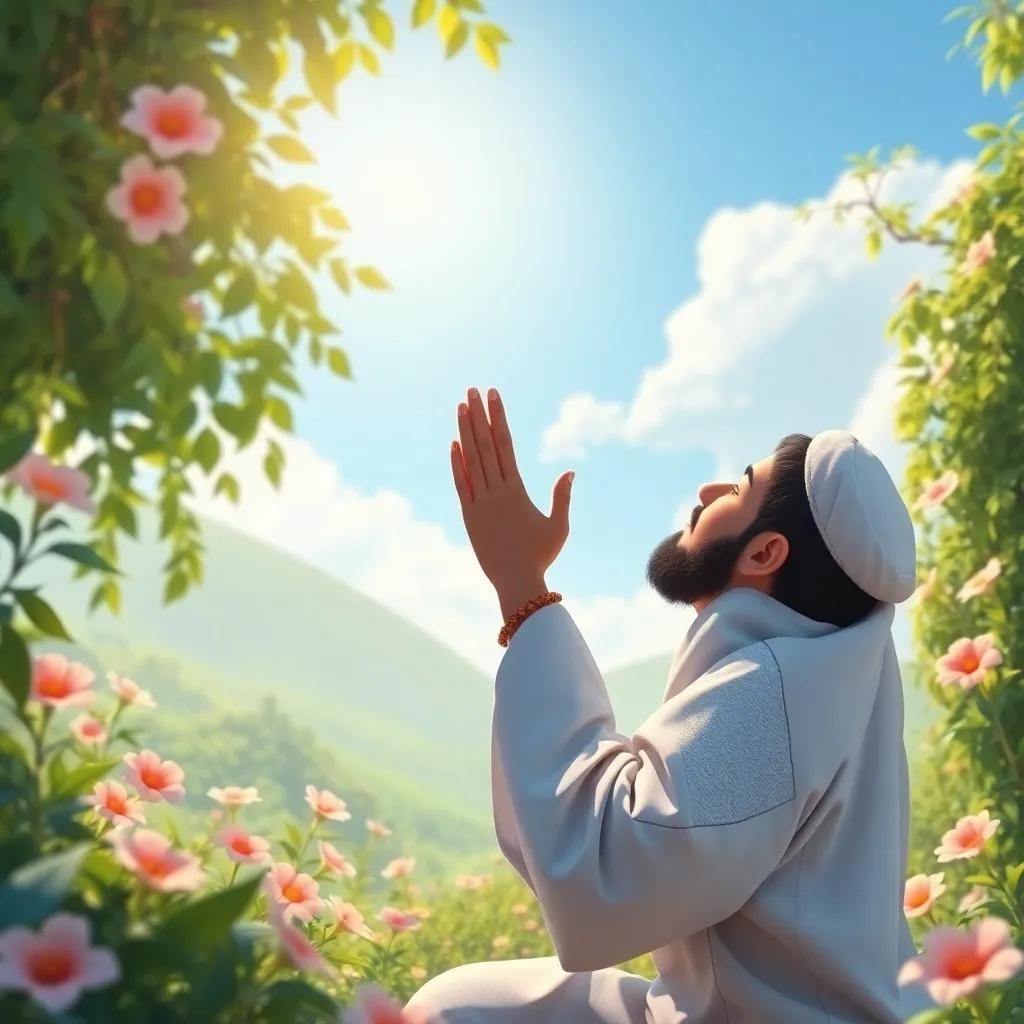 The scene of Ibrahim praying heartfelt prayers towards the sky, surrounded by the serene beauty of nature with flowing greenery and bright flowers, peaceful and inviting, high quality