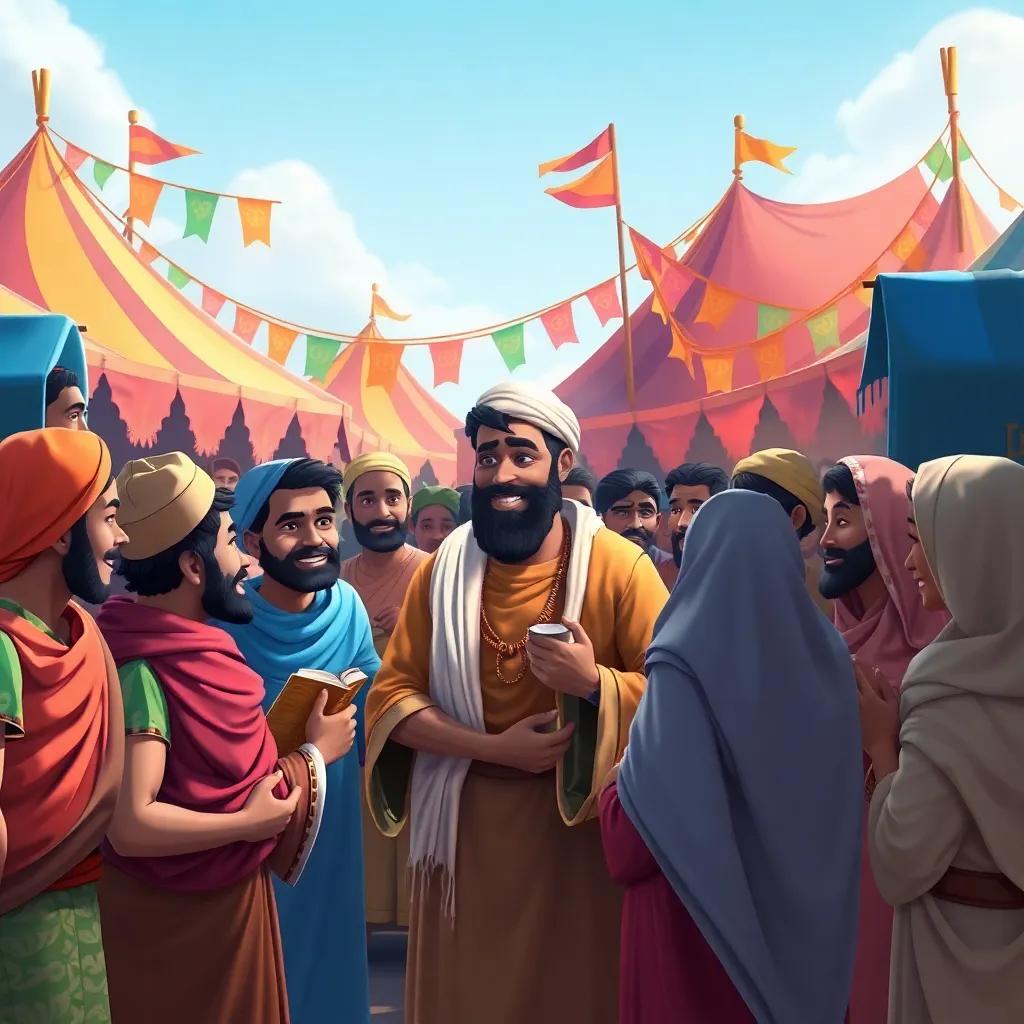 Ibrahim and the people of his village gathered around him, sharing stories and faith, colorful tents and banners, unity and happiness in the atmosphere, vibrant colors, friendly environment, high quality