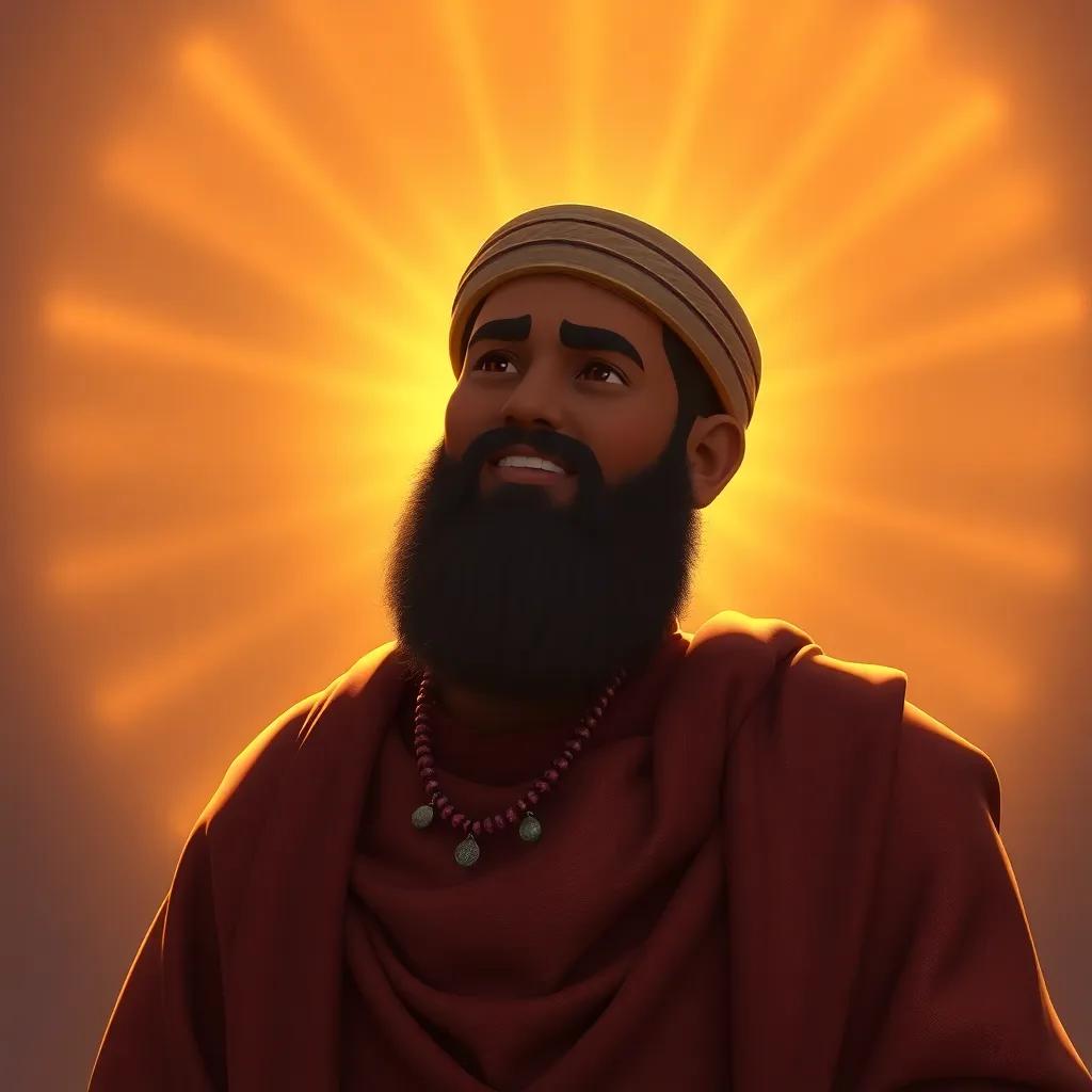 Finally, a beautiful golden glow surrounding Ibrahim, symbolizing his legacy and the faith he instilled in others, radiant light, uplifting sentiment, high quality