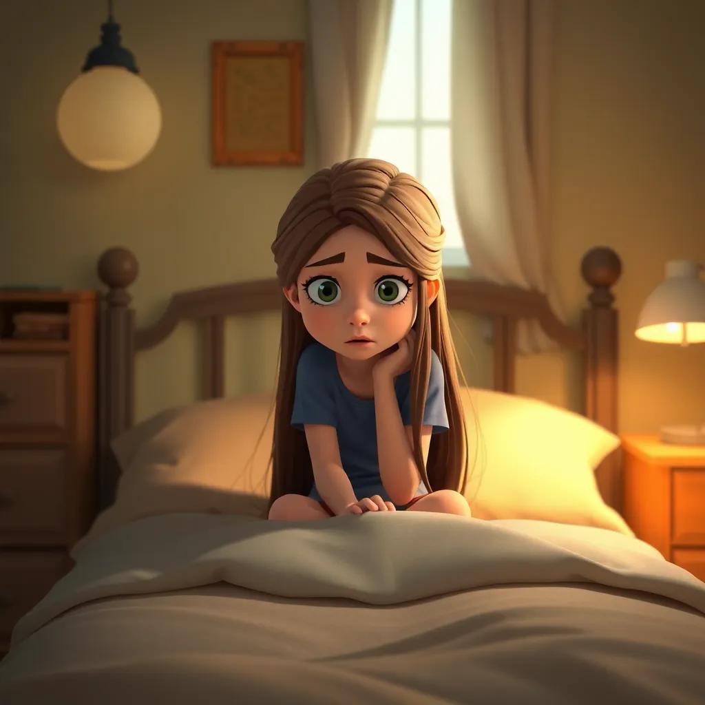 A worried young girl, Elena, with long brown hair, sitting on her bed, looking pensive and sad, soft light, warm colors, emotional atmosphere, depicting her internal struggle, cozy bedroom setting, high quality