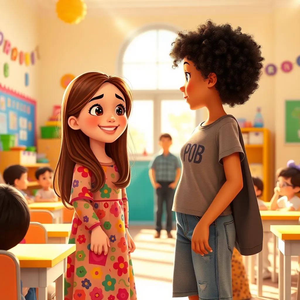 A sunny classroom with bright light, a young girl, Ibtisam, with long brown hair, wearing a colorful dress, smiling as she approaches her friend Eman. Eman, with curly black hair, dressed in jeans and a t-shirt, stands hesitant as Ibtisam reaches out for a hug. The room is full of vibrant colors, cheerful decorations, and other children watching curiously, digital art, warm colors, inviting atmosphere, high quality.