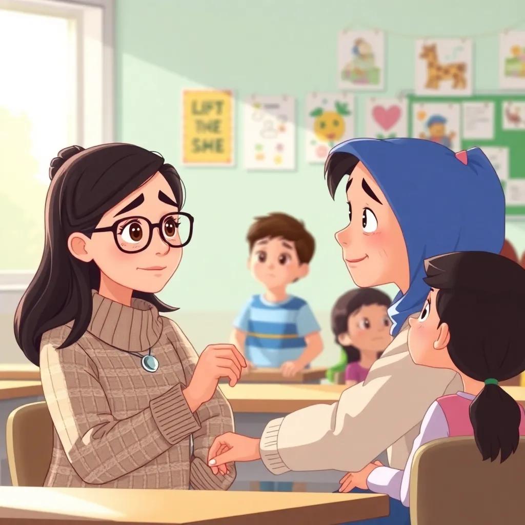 A caring teacher, wearing glasses and a comfortable sweater, sits next to Ibtisam who is crying in class. The teacher holds Ibtisam's hand gently, while the children watch the scene with concern. In the background, colorful posters are on the wall and sunlight filters through the window, brightening the scene, illustration, soft colors, heartfelt moment, high quality.