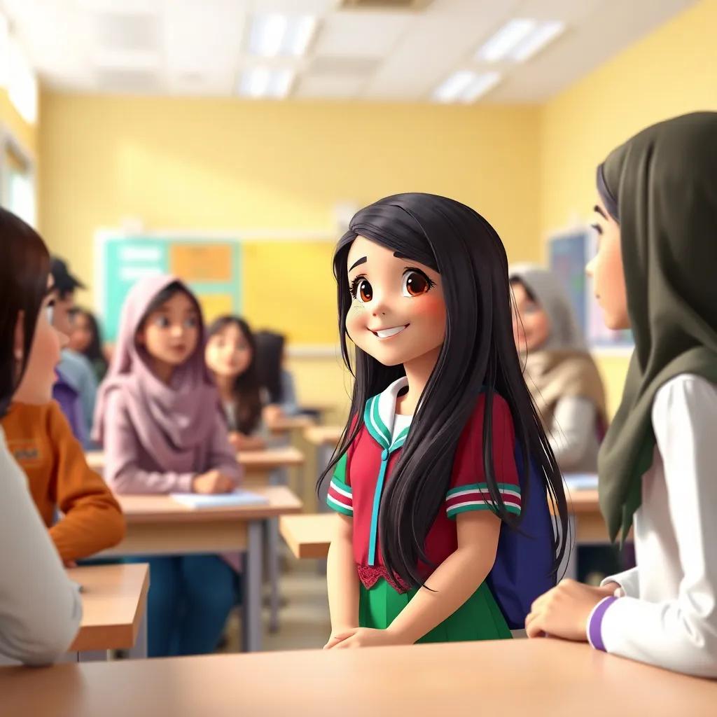 A beautiful classroom with young Arab girls, one girl with long dark hair wearing a colorful school uniform, chatting happily with her friends, bright and cheerful atmosphere, digital art, vibrant colors, inviting, high quality