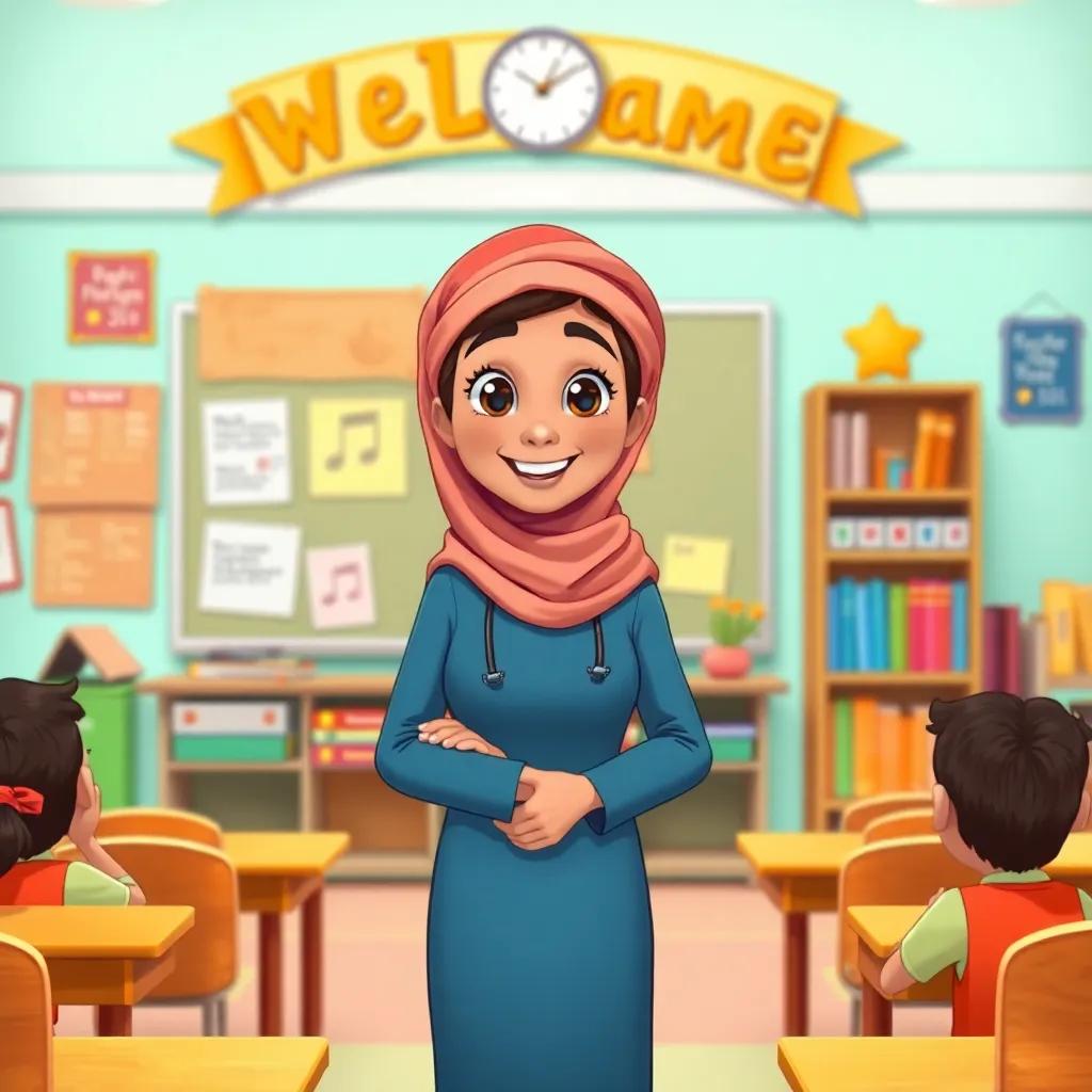 A smiling Arab teacher standing in front of her class, greeting her students with a warm welcome, classroom filled with bright decorations and books, illustration, friendly, engaging, child-friendly, high quality