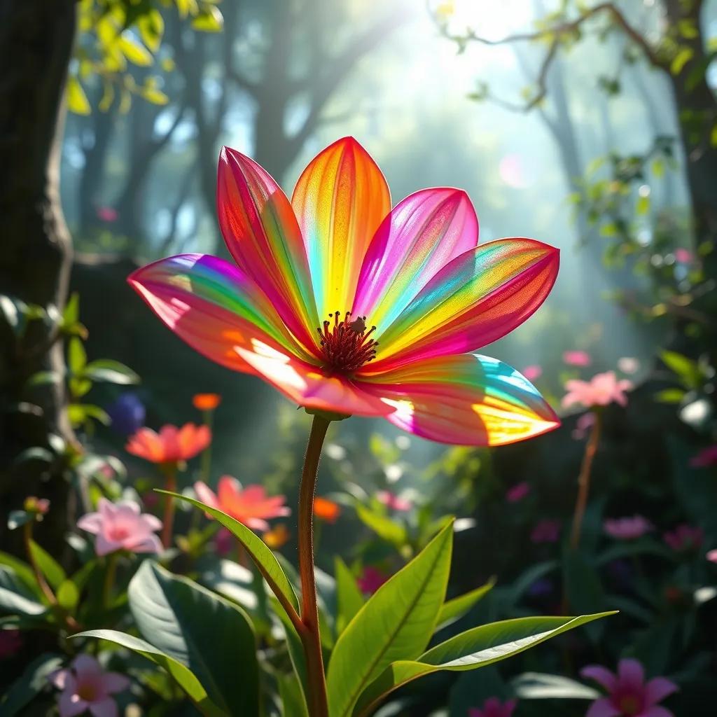 A colorful flower with radiant colors in a magical forest, shimmering in sunlight, surrounded by other plants and trees, vibrant, lively, fantasy scene, high quality