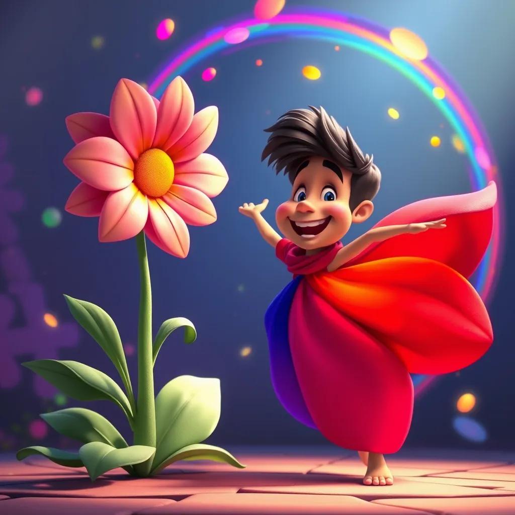 The flower dancing happily, sending vibrant colors into the air, forming a beautiful rainbow-like swirl around Hassan, joyful expression, playful magic, storytelling scene, high quality