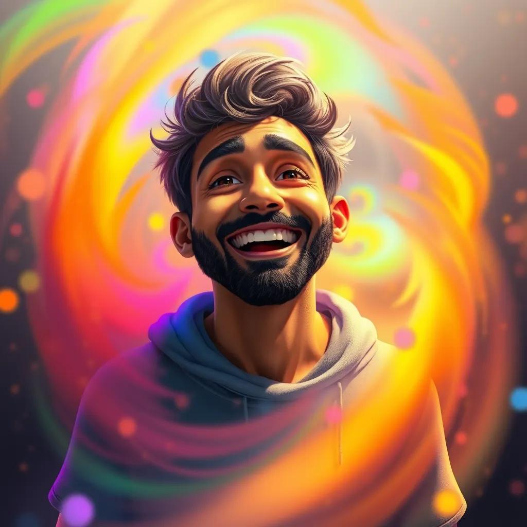 Hassan with a delighted expression as the colors swirl around him, vivid rainbow hues surrounding him, colorful energy filling the air, joyful atmosphere, high quality