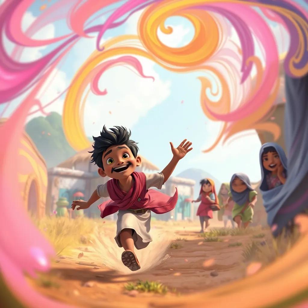 A joyful scene of Hassan running back to his village, surrounded by swirling colors, excitement on his face, smiling villagers in the background, warm and inviting, high quality