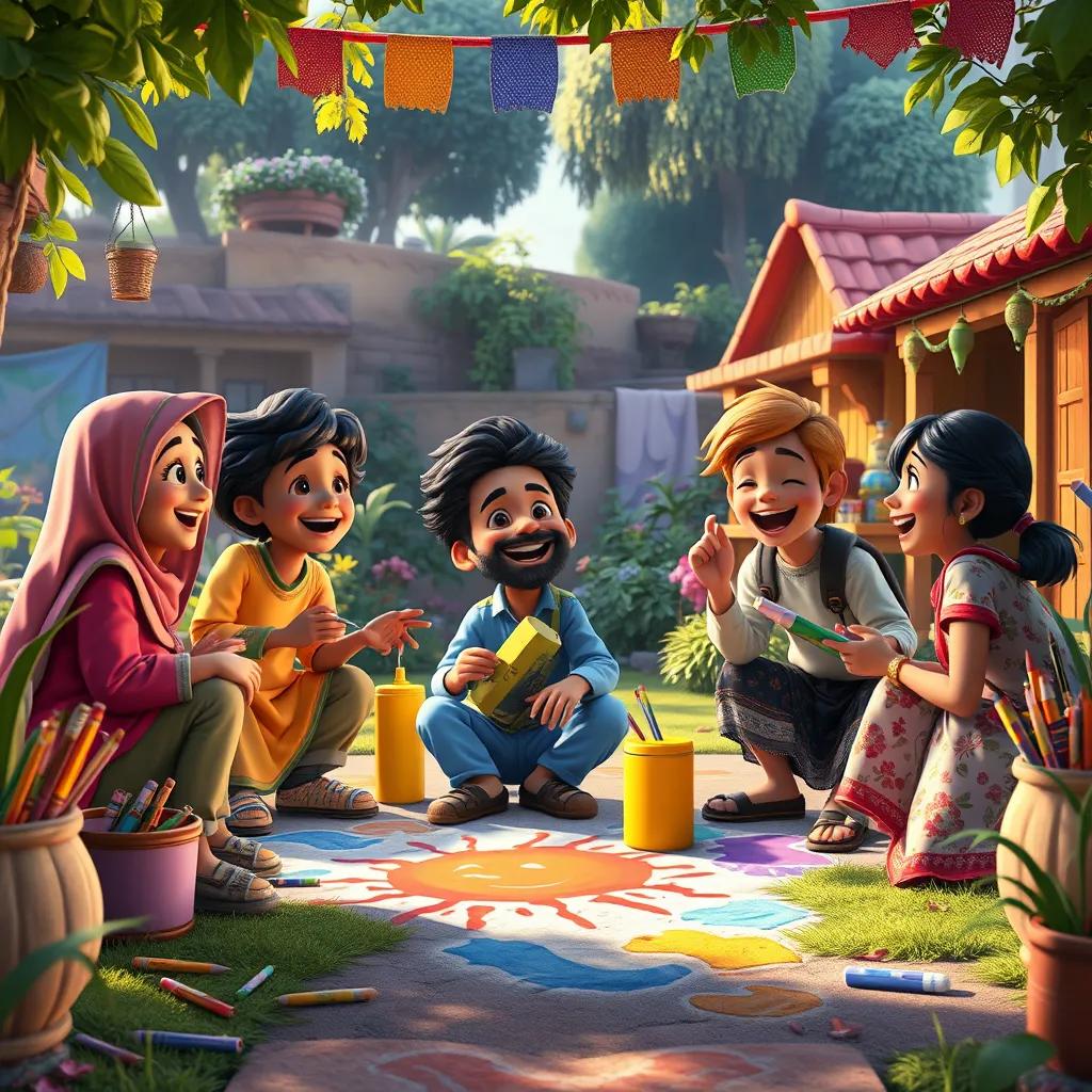 Hassan and his friends gathered in a village garden, surrounded by vibrant colors and art supplies, colorful drawings on the ground, laughter and joy, joyful atmosphere, high quality