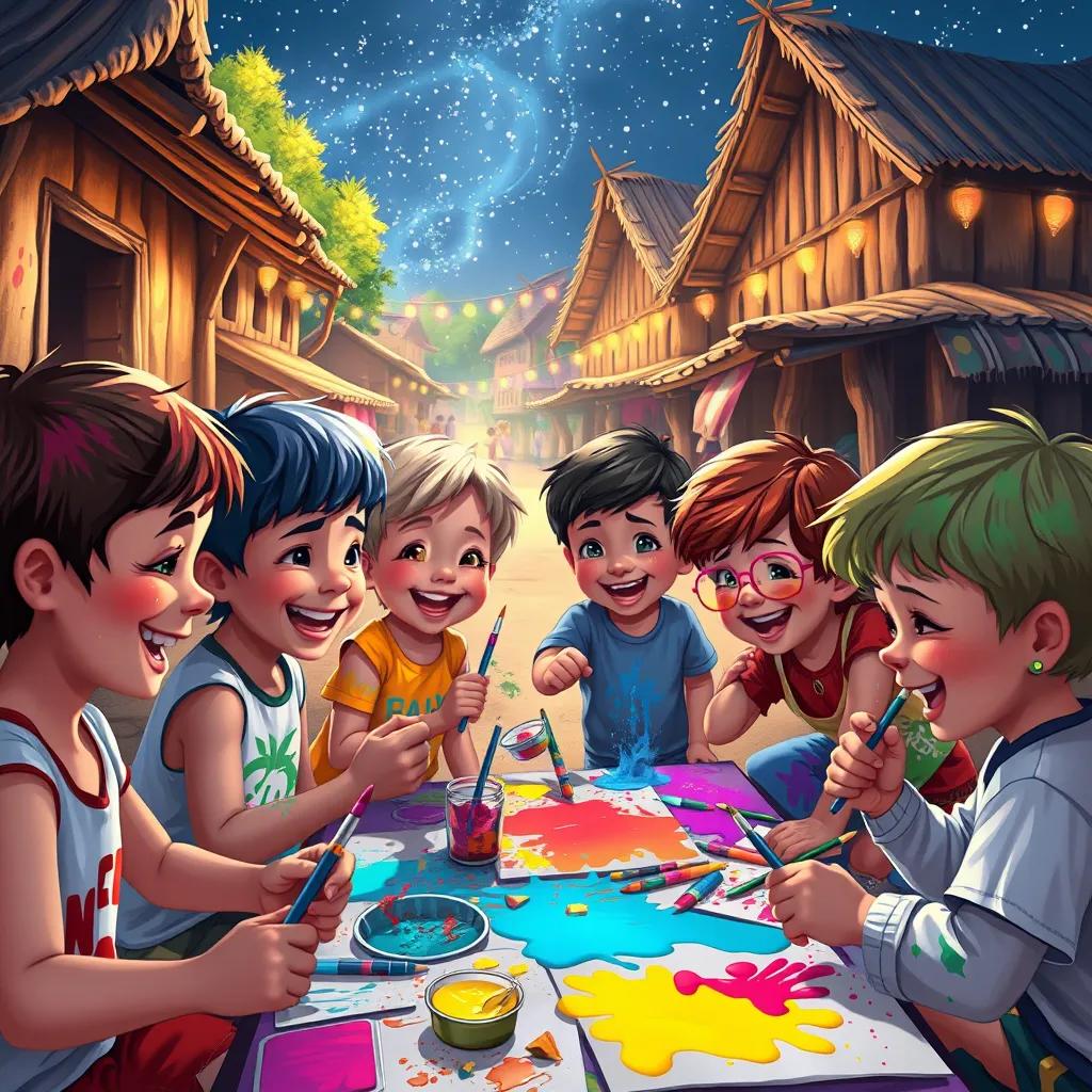 Children painting together in the village, their faces filled with joy and colors splashing everywhere, the night sky twinkling above, festival-like atmosphere, vibrant, high quality