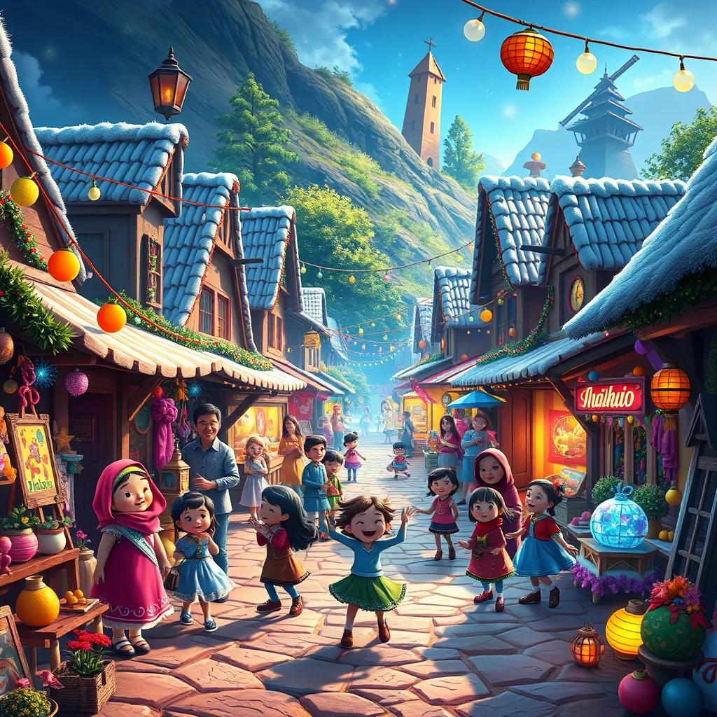 The village filled with colorful decorations and happy children, dancing and celebrating surrounded by bright arts and crafts, festive and lively, high quality