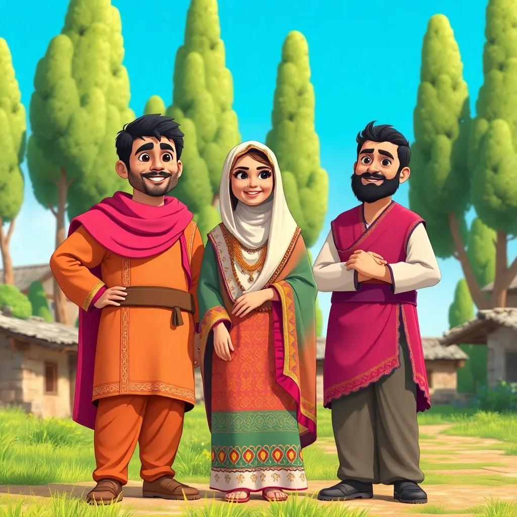 Three heroes, Ali, Fatima, and Ziad, standing together in a small village, wearing colorful traditional clothes, smiling, /tall green trees, bright blue sky, illustration, cheerful atmosphere, high quality