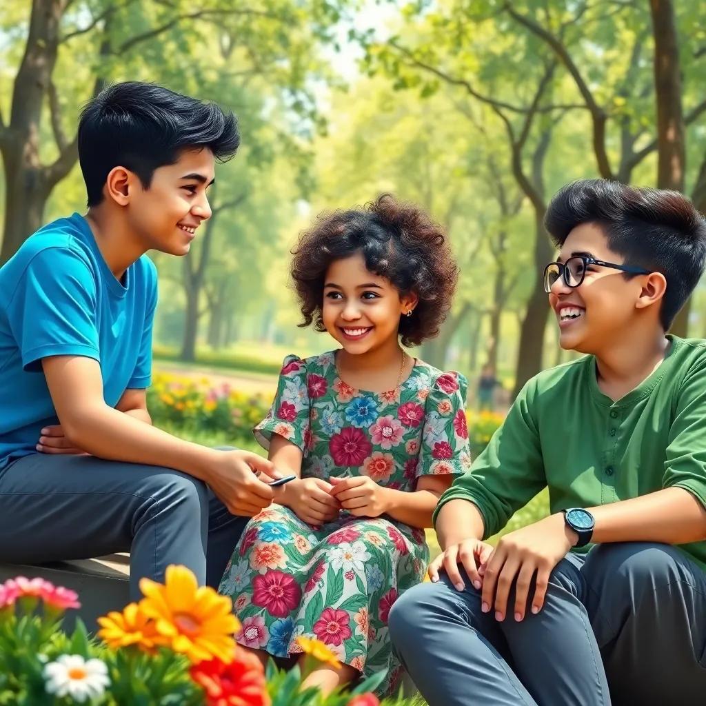 Three friends, including Muhammad Al-Ghafli, a young Arab boy with short black hair and wearing a blue t-shirt, Zainab Abd Al-Hamid Ali Klib, a young Arab girl with curly hair and wearing a colorful floral dress, and Issa Said Nasser Al-Khuroosi, a young Arab boy with glasses and wearing a green shirt, sitting together in a park with trees and flowers, discussing ideas and laughing, digital art, cheerful atmosphere, bright colors, engaging perspective, high quality