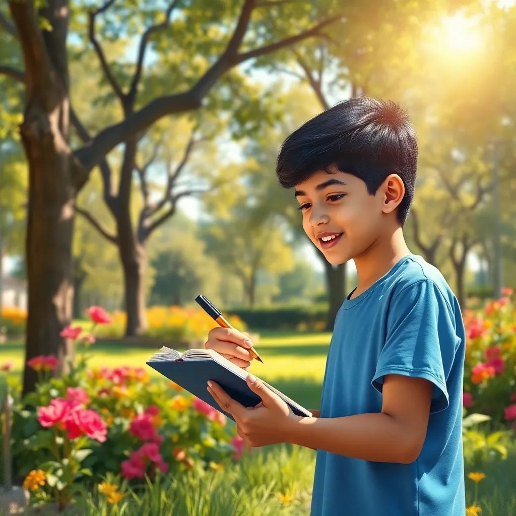 Muhammad Al-Ghafli, a young Arab boy with short black hair wearing a blue t-shirt, enthusiastically writing in a notebook in a sunny park, surrounded by trees and flowers, digital art, vibrant colors, positive energy, storytelling scene, high quality