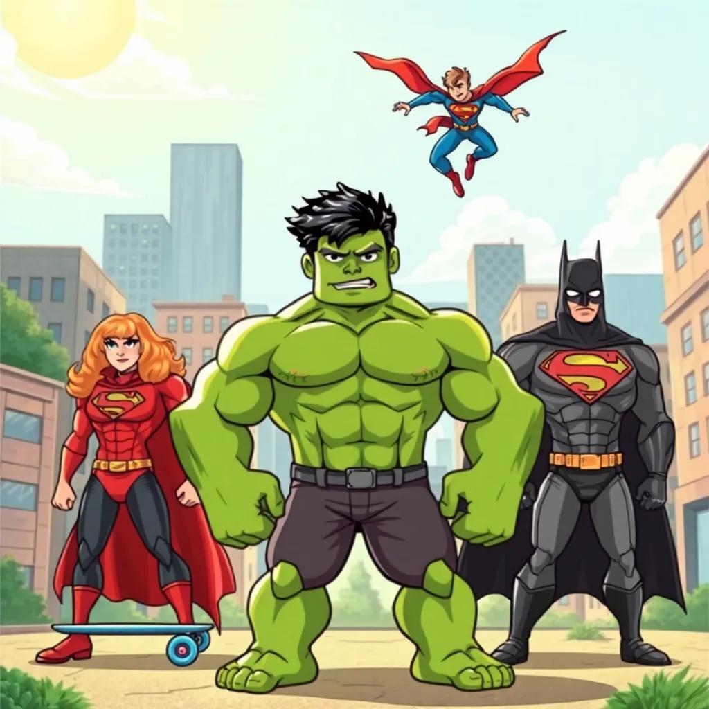 A sunny city with superheroes standing boldly, Hulk in the center with his big green muscles, Speed Ramen on a skateboard, Superman flying above, Batman lurking in shadows, vibrant colors, detailed illustration, high quality