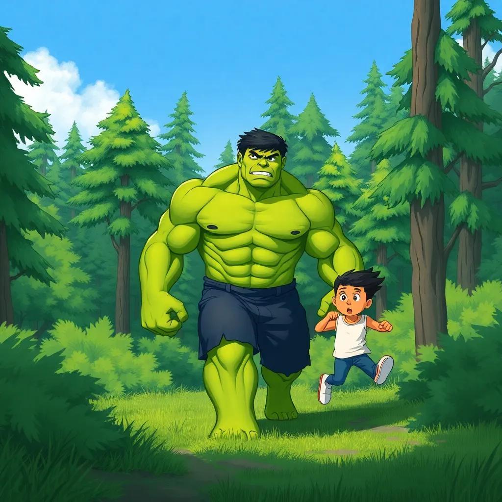 Hulk walking through a lush green forest, looking adventurous, Speed Ramen running past trees, looking excited, clear blue sky, bright colors, digital art, high quality