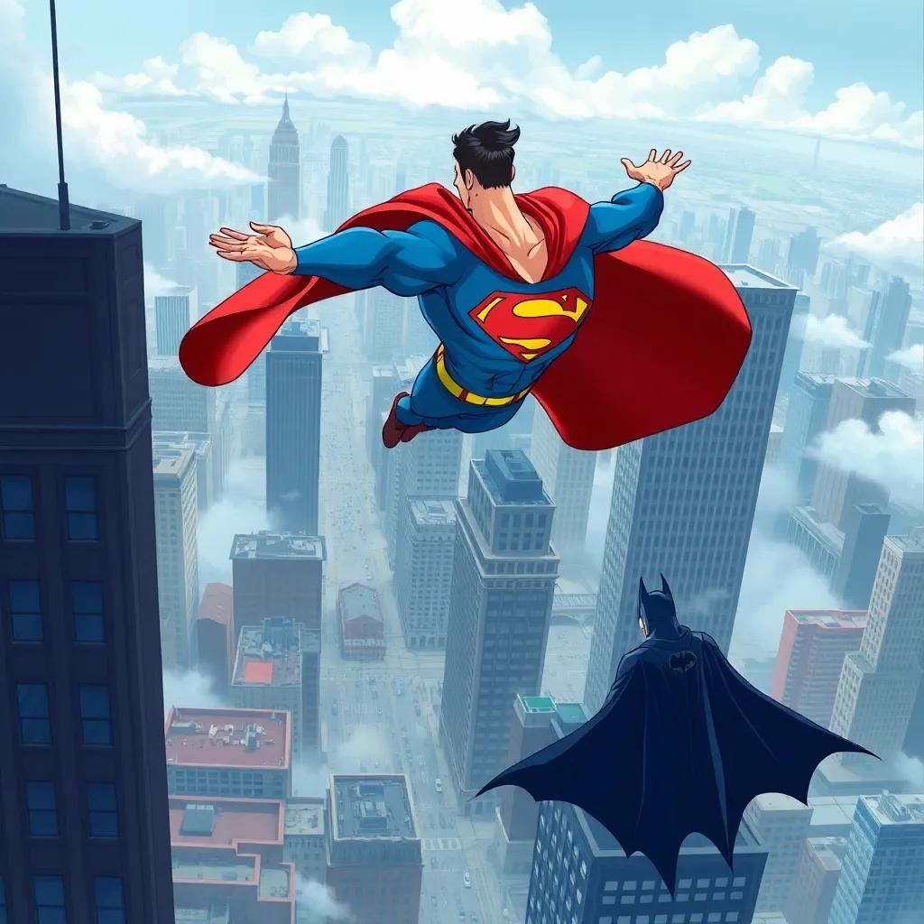 Superman flying over the city, observing the buildings and streets below, clouds around him, Bat-Man in the shadows of tall buildings waiting, detailed cityscape, vibrant colors, digital painting, high quality