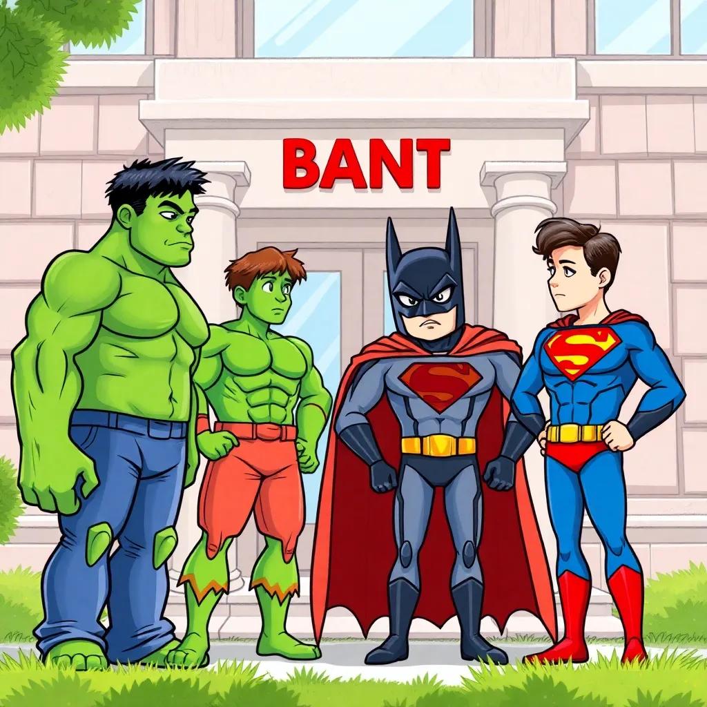 The four heroes collaborating together in front of a bank, discussing plans, Hulk looking determined, Speed Ramen energetic, Batman serious, Superman focused, bright day, detailed illustration, high quality