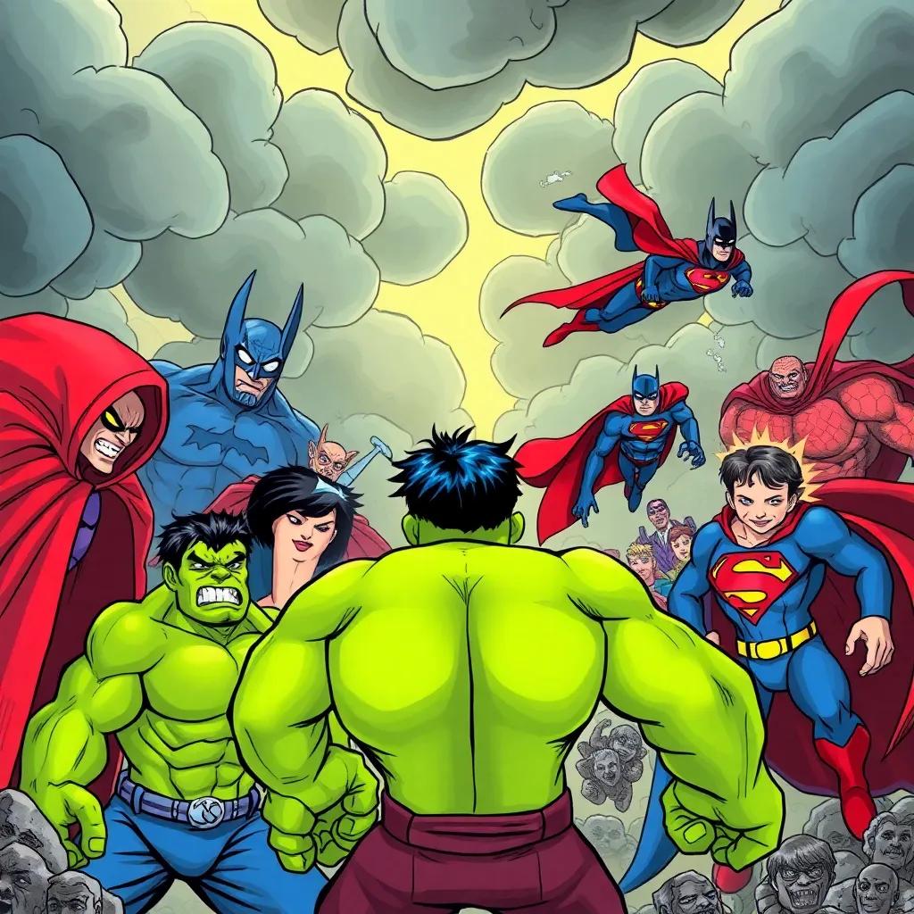 Villains appearing with dark clouds in the background, Hulk ready to fight, Speed Ramen about to dash off, Superman flying towards them, Batman in the shadows, colorful comic style, vibrant and dynamic scene, high quality