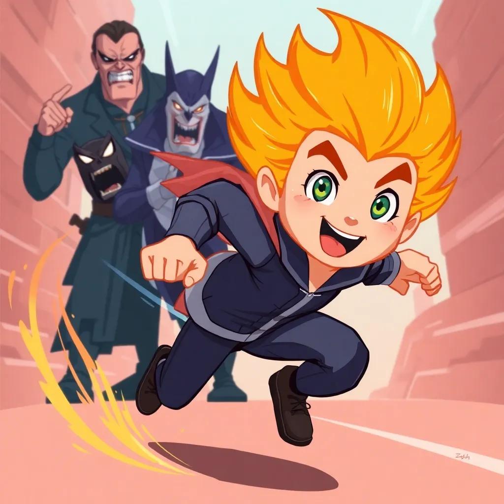 Speed Ramen dashing behind the villains, his face bright with excitement, villains looking surprised, action pose, bright colors, digital art, high quality