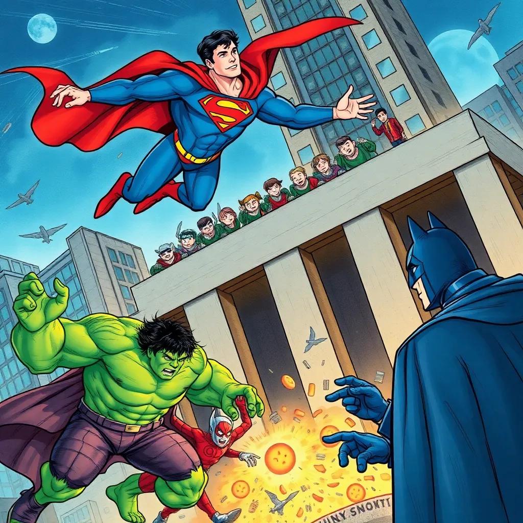 Superman flying, saving people in the bank, while Hulk battles villains below, Batman strategizing, fast-paced action scene, detailed and dynamic, vibrant colors, high quality