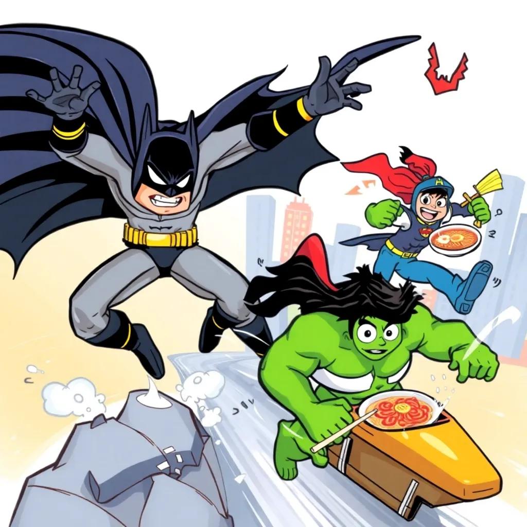 Batman setting traps for the villains, his cape flowing, Hulk fighting, Speed Ramen speeding around, bright comic book style, colorful, high quality