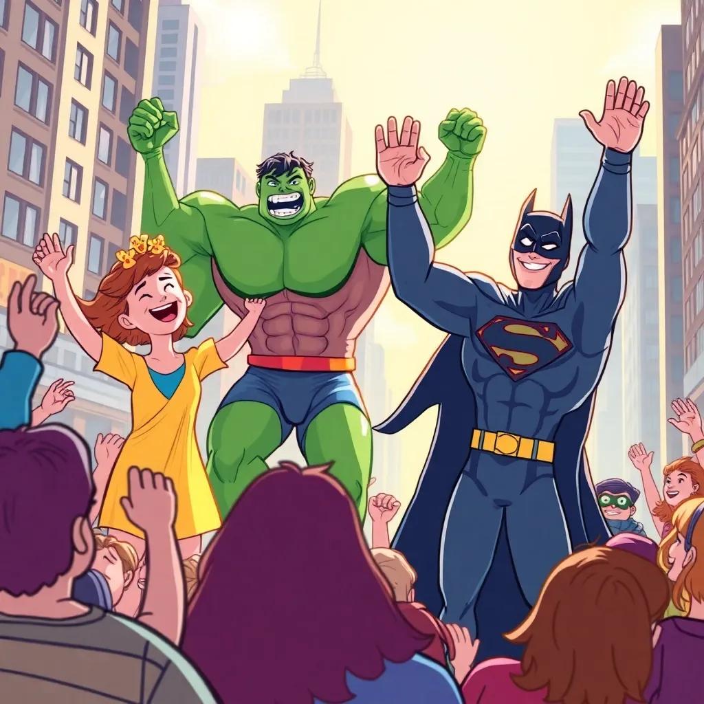 The heroes celebrating their victory in the city, people cheering, Hulk smiling, Speed Ramen laughing, Superman and Batman high-fiving, sunny and festive atmosphere, detailed and vibrant illustration, high quality