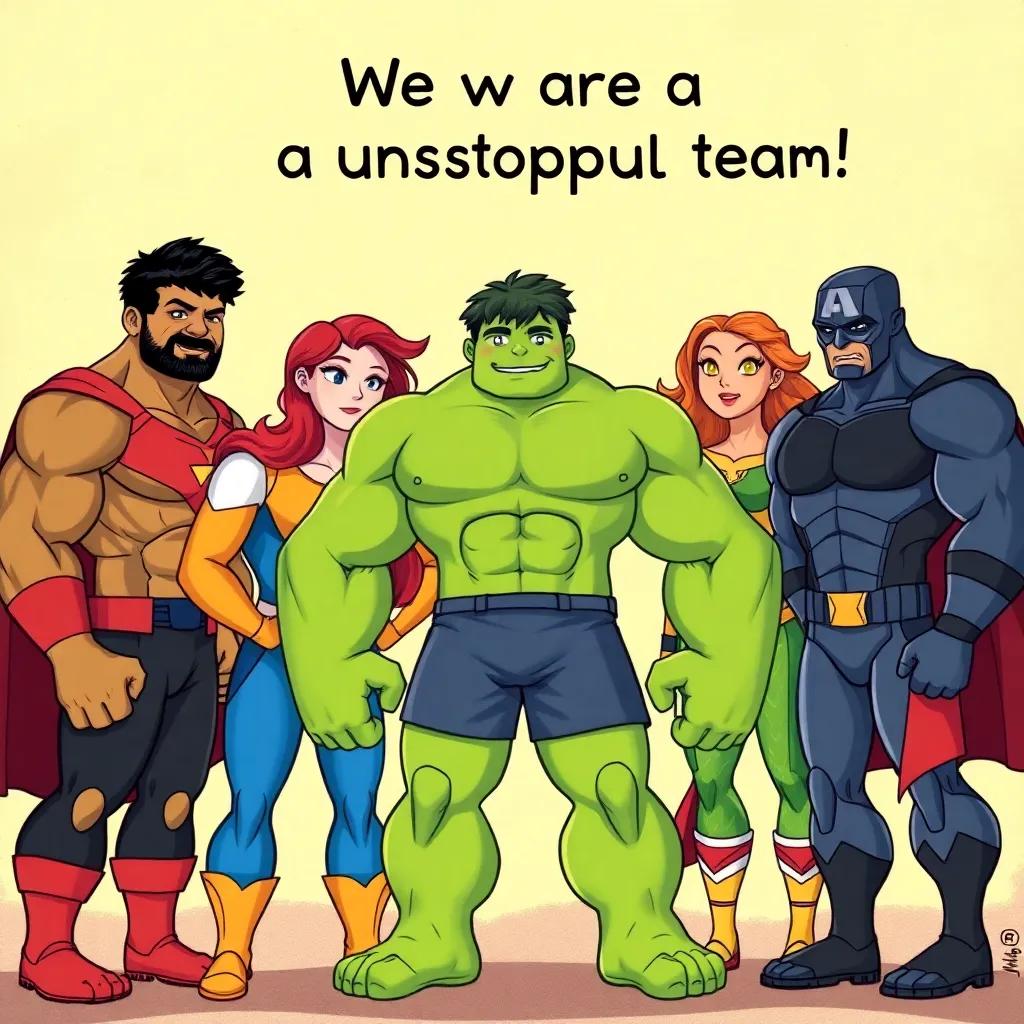 The heroes standing together, united after their victory, Hulk saying, 'We are an unstoppable team!', bright colors, detailed and cheerful background, high quality