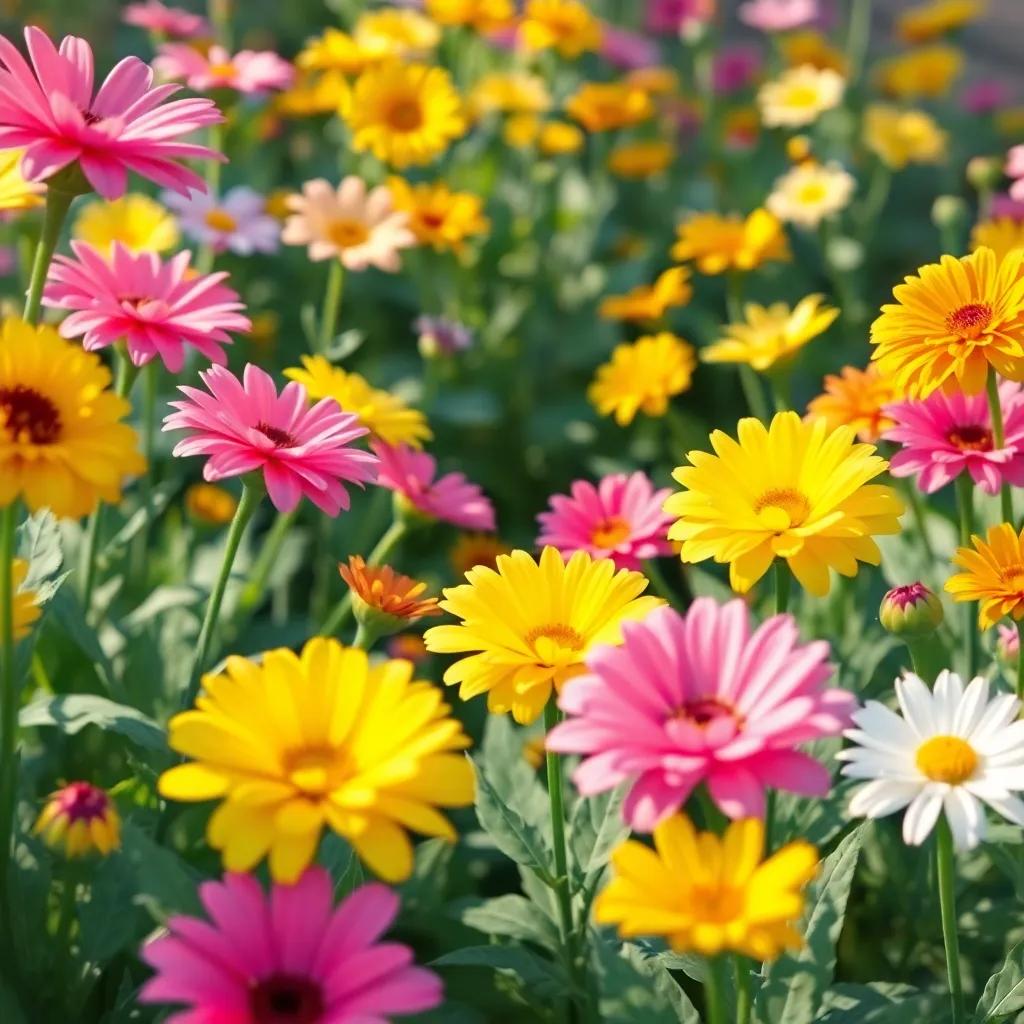 A serene garden full of colorful flowers, showcasing different shades of pink and yellow, in soft daylight, cheerful atmosphere, digital art, vibrant colors, child-friendly, high quality