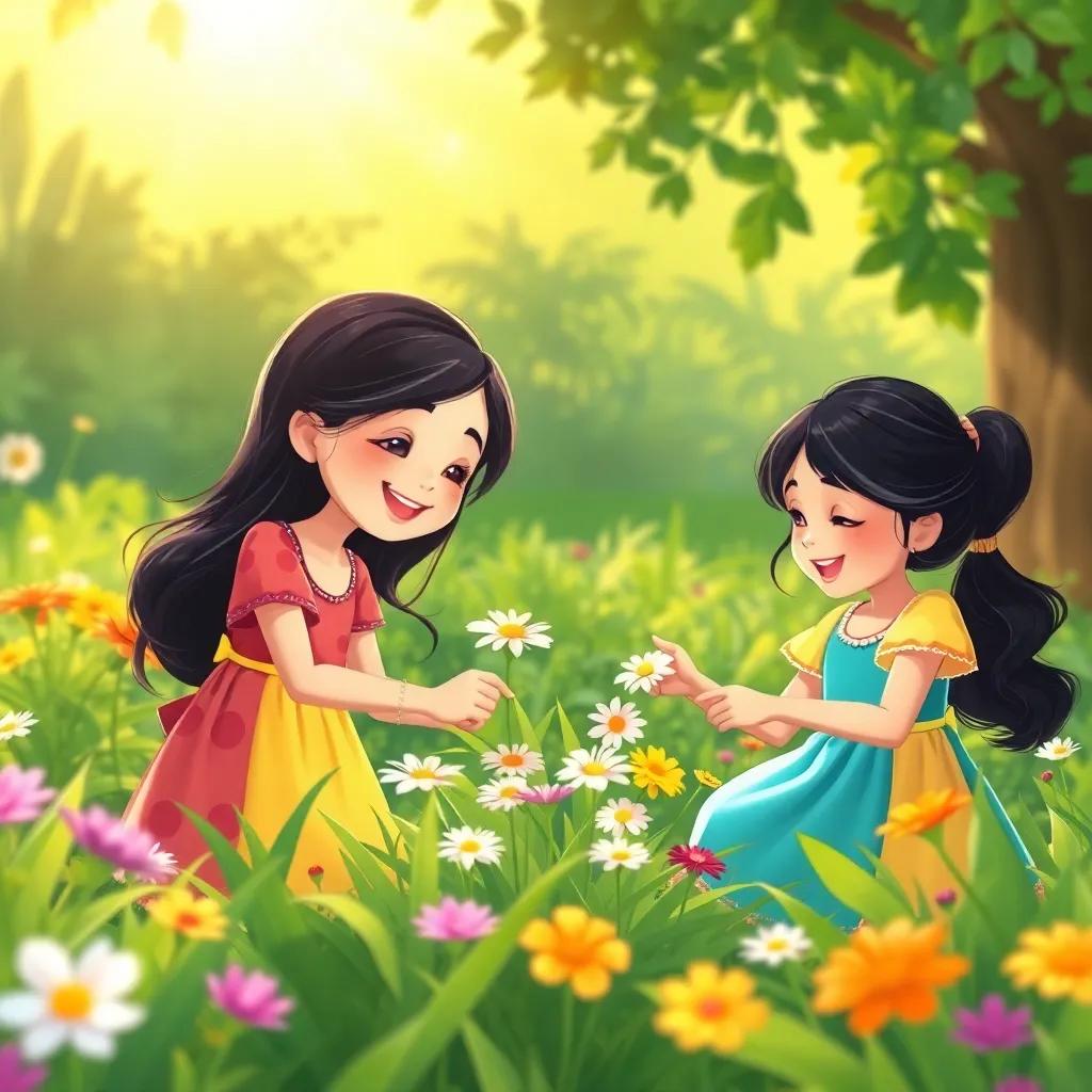 Two young girls, Leila and Sama, with dark hair, wearing colorful dresses, happily picking flowers together in a lush green garden, bright sunlight, joyful scene, illustration, warm colors, child-friendly